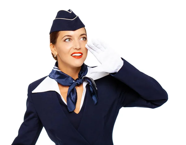 Jonge mooie Russische stewardess in blauw uniform — Stockfoto