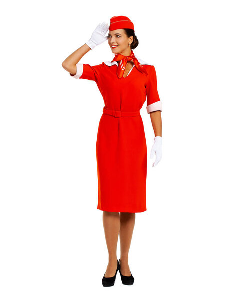 Portrait of a young beautiful Russian stewardess in red uniform 