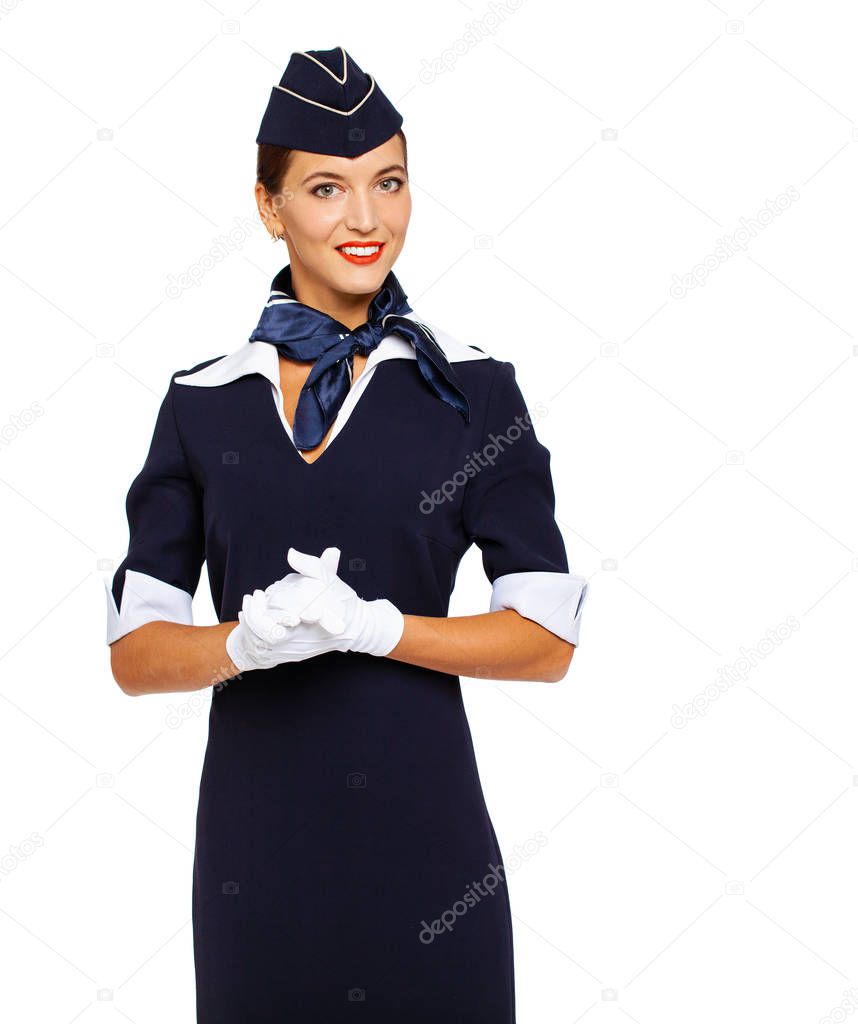 Young beautiful Russian stewardess in blue uniform 