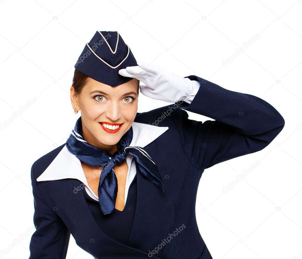 Young beautiful Russian stewardess in blue uniform 