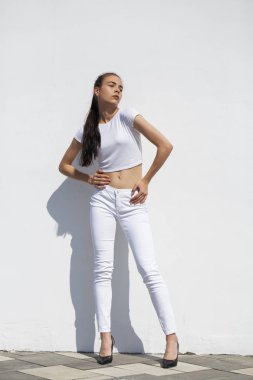 Model testleri. Genç güzel esmer model bir whi karşı poz