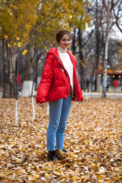 Joven hermosa chica en pantalones vaqueros azules y chaqueta roja posando en —  Fotos de Stock