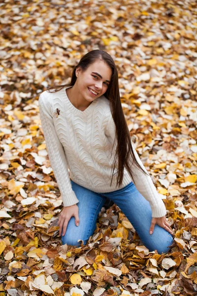 Young beautiful girl in blue jeans and gwhite sweater — Stock Photo, Image