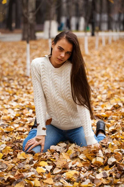 Young beautiful girl in blue jeans and gwhite sweater — Stock Photo, Image