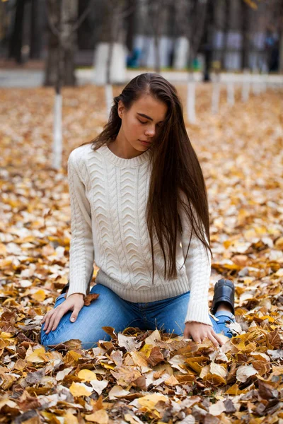 Young beautiful girl in blue jeans and gwhite sweater — Stock Photo, Image