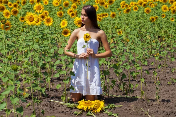 Retrato de uma jovem menina bonita em um campo de girassóis — Fotografia de Stock