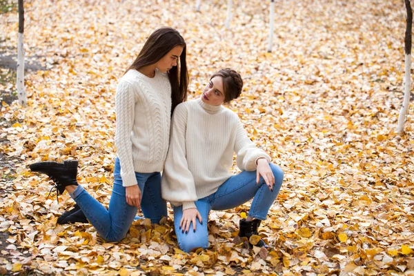 Две девушки в белом шерстяном свитере и синих джинсах — стоковое фото