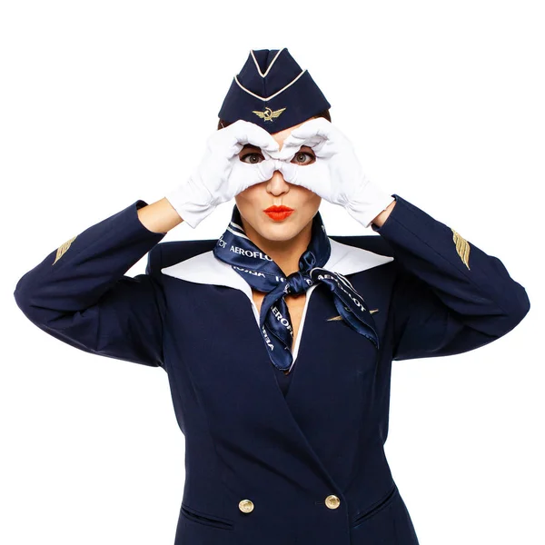 Rusland, Samara: 22 oktober 2019. Russische stewardess gekleed in o — Stockfoto