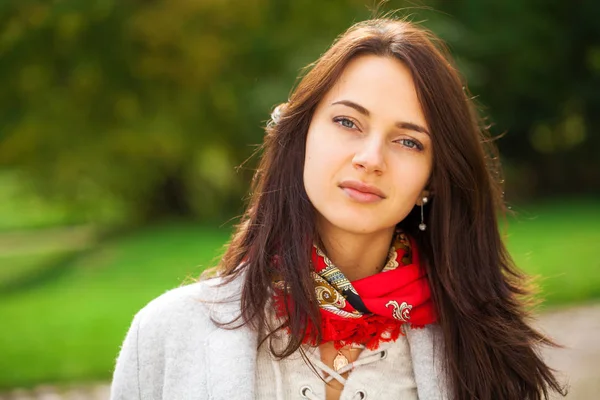 Porträt einer jungen schönen Frau im grauen Mantel — Stockfoto