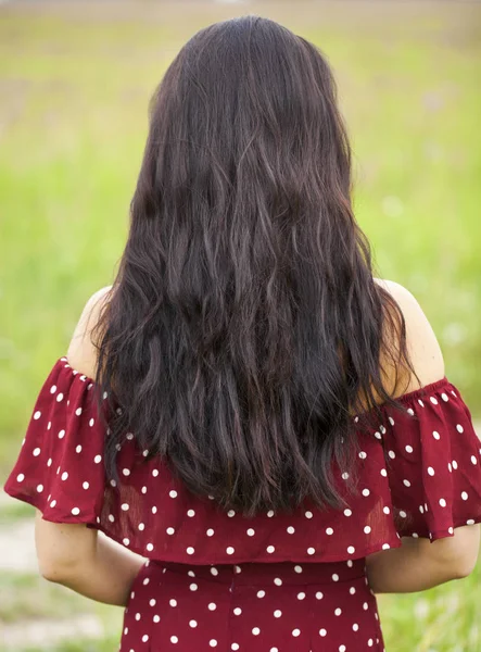 Dámské Brunetky, zadní pohled, letní Park — Stock fotografie