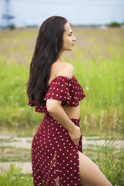 여성 갈색 머리, 후방보기, 여름 공원 — 스톡 사진