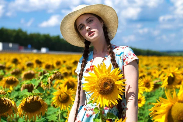 Ayçiçeği tarlasında hasır şapkalı güzel bir kadın. — Stok fotoğraf