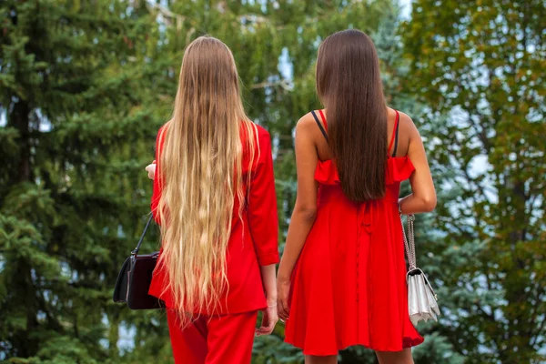 Indietro vista due giovani ragazze bionde e brune — Foto Stock