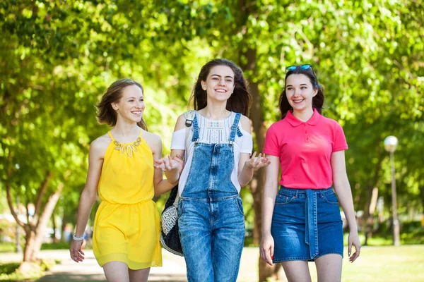 3人の若い幸せな女の子が夏の公園を歩いています — ストック写真