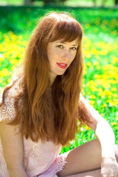 Retrato Uma Jovem Bela Mulher Ruiva Posando Contra Prado Dentes — Fotografia de Stock