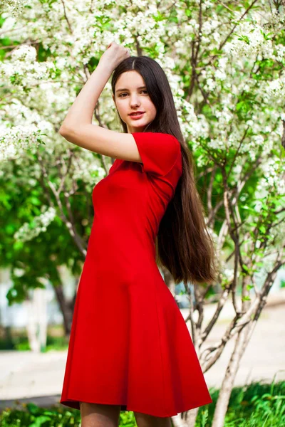 Detail Portrét Mladé Brunetky Dívka Červených Šatech Pozadí Kvetoucí Třešně — Stock fotografie