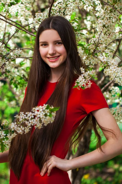 Крупним Планом Портрет Молодої Брюнетки Червоній Сукні Тлі Квітучої Вишні — стокове фото