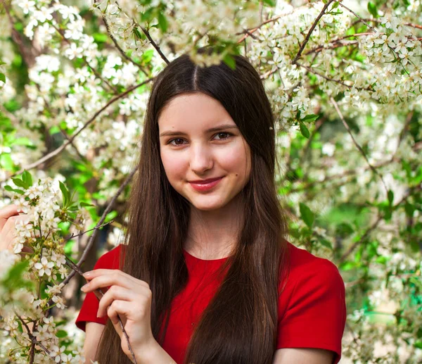 Retrato Cerca Una Joven Morena Vestida Rojo Sobre Fondo Cereza —  Fotos de Stock