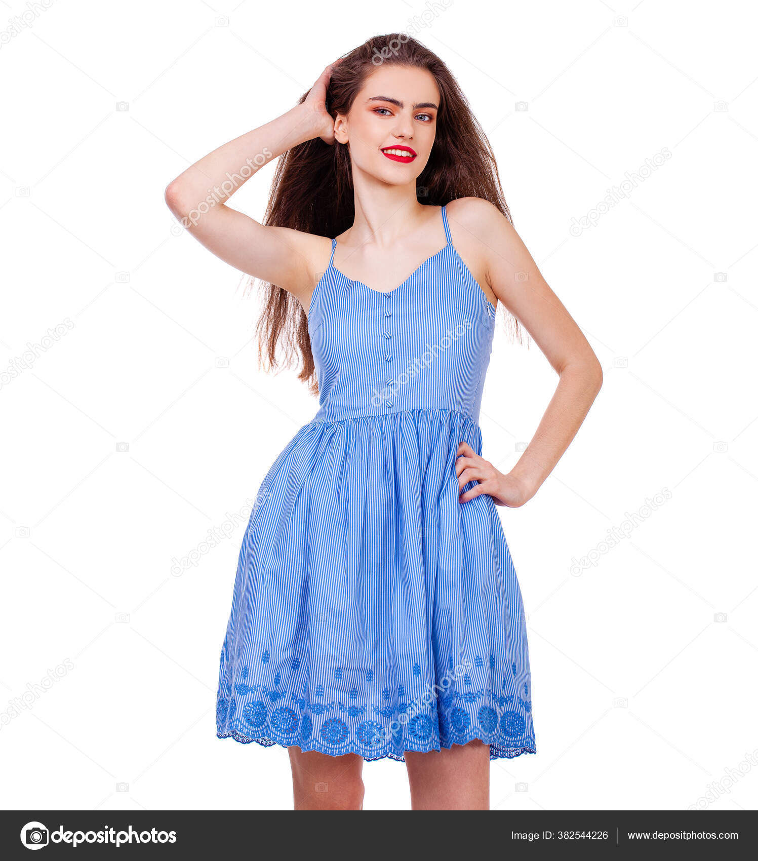 Close Portrait Young Beautiful Happy Brunette Woman Blue Dress Isolated Stock Photo By C Arkusha
