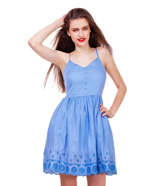 Крупный План Портрет Молодой Красивой Счастливой Брюнетки Женщина Синем Платье — стоковое фото