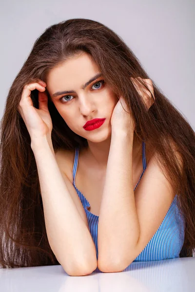 Make Beauty Female Face Close Portrait Young Beautiful Brunette Model — Stockfoto