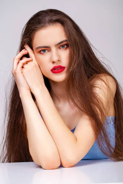 Make Beauty Female Face Close Portrait Young Beautiful Brunette Model — Zdjęcie stockowe