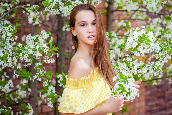 Retrato Una Joven Pelirroja Posando Sobre Telón Fondo Manzano Flor —  Fotos de Stock