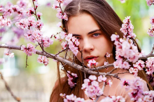 Menina Bonita Adolescente Estão Posando Jardim Perto Árvore Cereja Flor — Fotografia de Stock