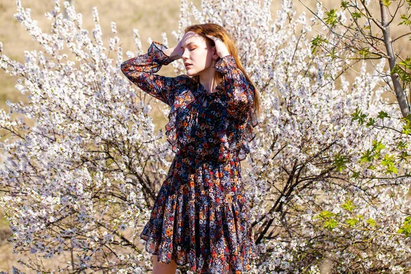 Портрет Молодої Рудої Жінки Позує Тлі Квітучої Яблуні — стокове фото