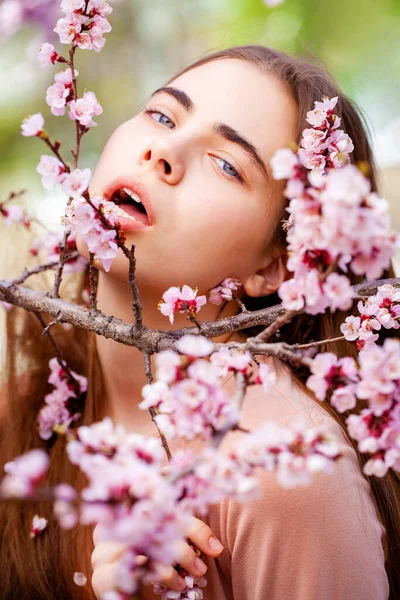 Jolie Adolescente Posent Dans Jardin Près Cerisier Fleur Avec Des — Photo