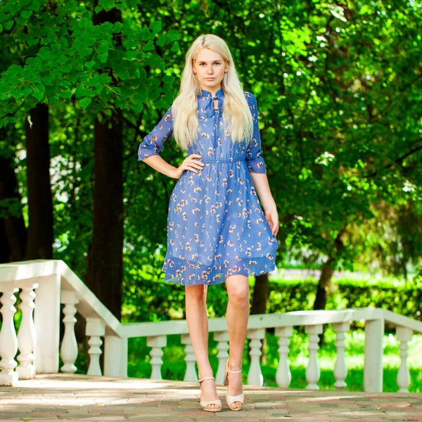 Retrato Una Joven Hermosa Rubia Vestido Flores Azules Caminando Parque — Foto de Stock