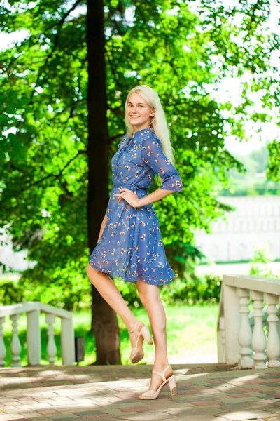 Porträt Einer Jungen Schönen Blonden Mädchen Blauen Blumen Kleid Fuß — Stockfoto