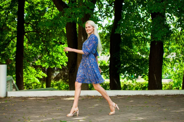 Retrato Una Joven Hermosa Rubia Vestido Flores Azules Caminando Parque —  Fotos de Stock