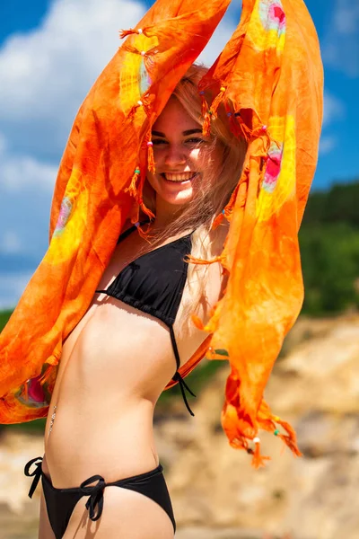Close Portrait Young Beautiful Blonde Girl Black Bikini Orange Tunic — Stock Photo, Image
