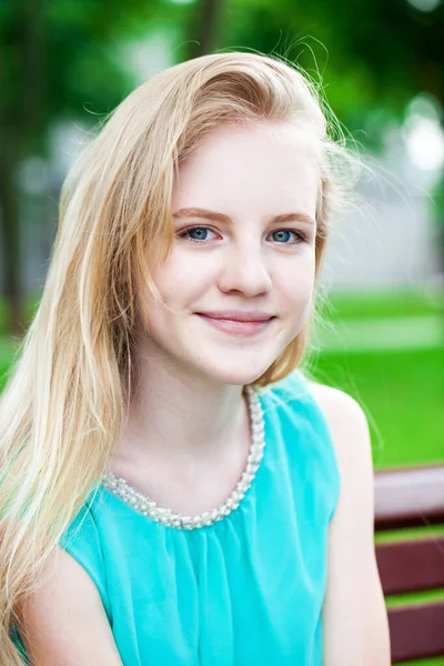 Pretty Teen Girl Girl Turquoise Dress Summer Park Outdoors — Stock Photo, Image