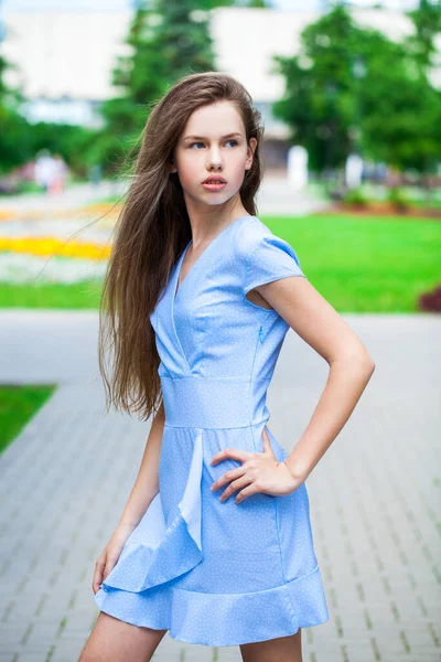 一个身穿蓝色衣服的年轻漂亮的黑发女孩在夏季公园摆姿势的画像 — 图库照片