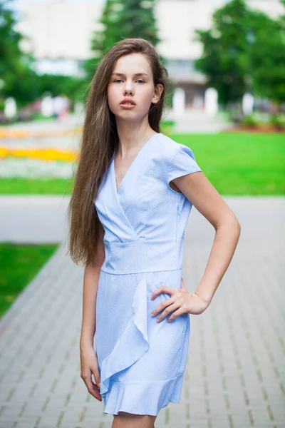 Porträt Einer Jungen Schönen Brünetten Blauem Kleid Posiert Sommerpark — Stockfoto