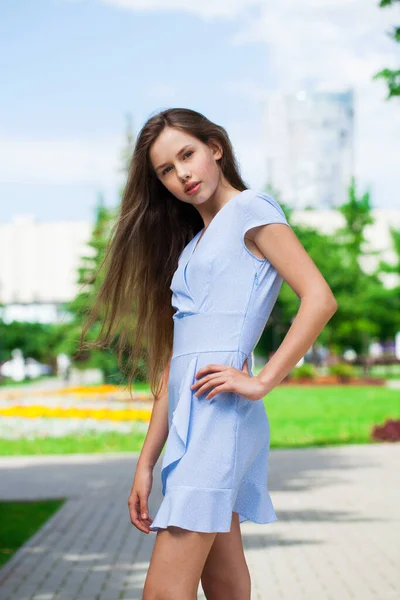 Πορτρέτο Μιας Νεαρής Όμορφης Μελαχρινής Κοπέλας Μπλε Φόρεμα Που Ποζάρει — Φωτογραφία Αρχείου