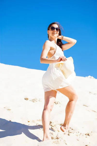 Full Body Portrait Young Beautiful Brunette Woman White Dress — Stock Photo, Image