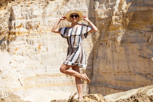 Young Beautiful Girl Summer Dress Sits Stone — Stock Photo, Image