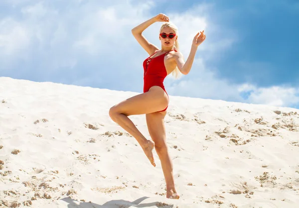 Portrait Young Beautiful Girl Solid Red Swimsuit Posing Beach — Stock Photo, Image