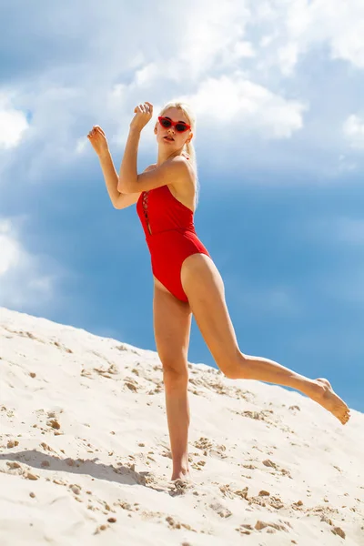 Portrait Young Beautiful Girl Solid Red Swimsuit Posing Beach — Stock Photo, Image