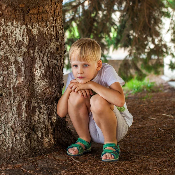 Helkroppsporträtt Ung Blond Liten Pojke Sommarparken — Stockfoto