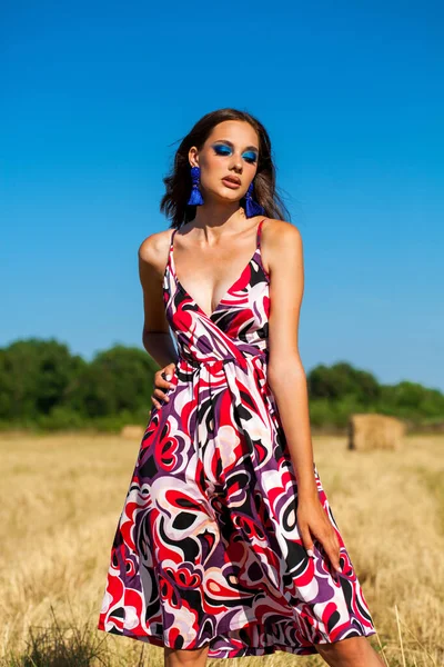 Retrato Una Joven Hermosa Mujer Con Maquillaje Brillante Posando Campo — Foto de Stock