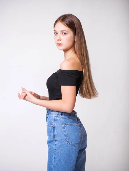 Vacker Sexig Brunett Kvinna Blå Jeans Mode Modell Jeans Kläder — Stockfoto
