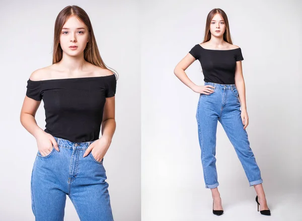 Collage Twee Jonge Modellen Blauwe Jeans Geïsoleerd Grijze Achtergrond — Stockfoto