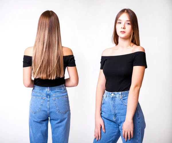 Collage Twee Modellen Terug Vooraanzicht Jonge Mooie Brunette Meisjes Poseren — Stockfoto
