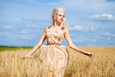 Moda elbisesi giymiş, buğday tarlasında yürüyen güzel bir sarışının vücut portresi.