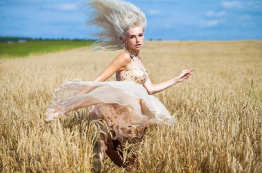 Moda elbisesi giymiş, buğday tarlasında yürüyen güzel bir sarışının vücut portresi.
