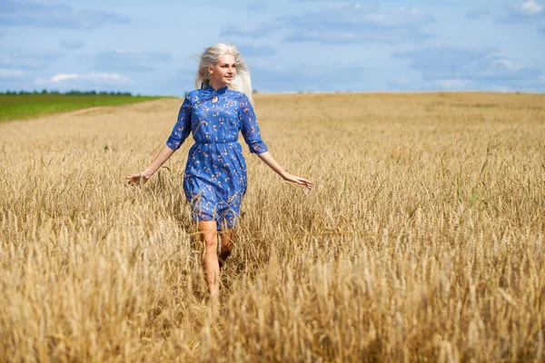 Helkroppsporträtt Ung Vacker Blond Kvinna Mode Klänning Promenader Vetefält — Stockfoto